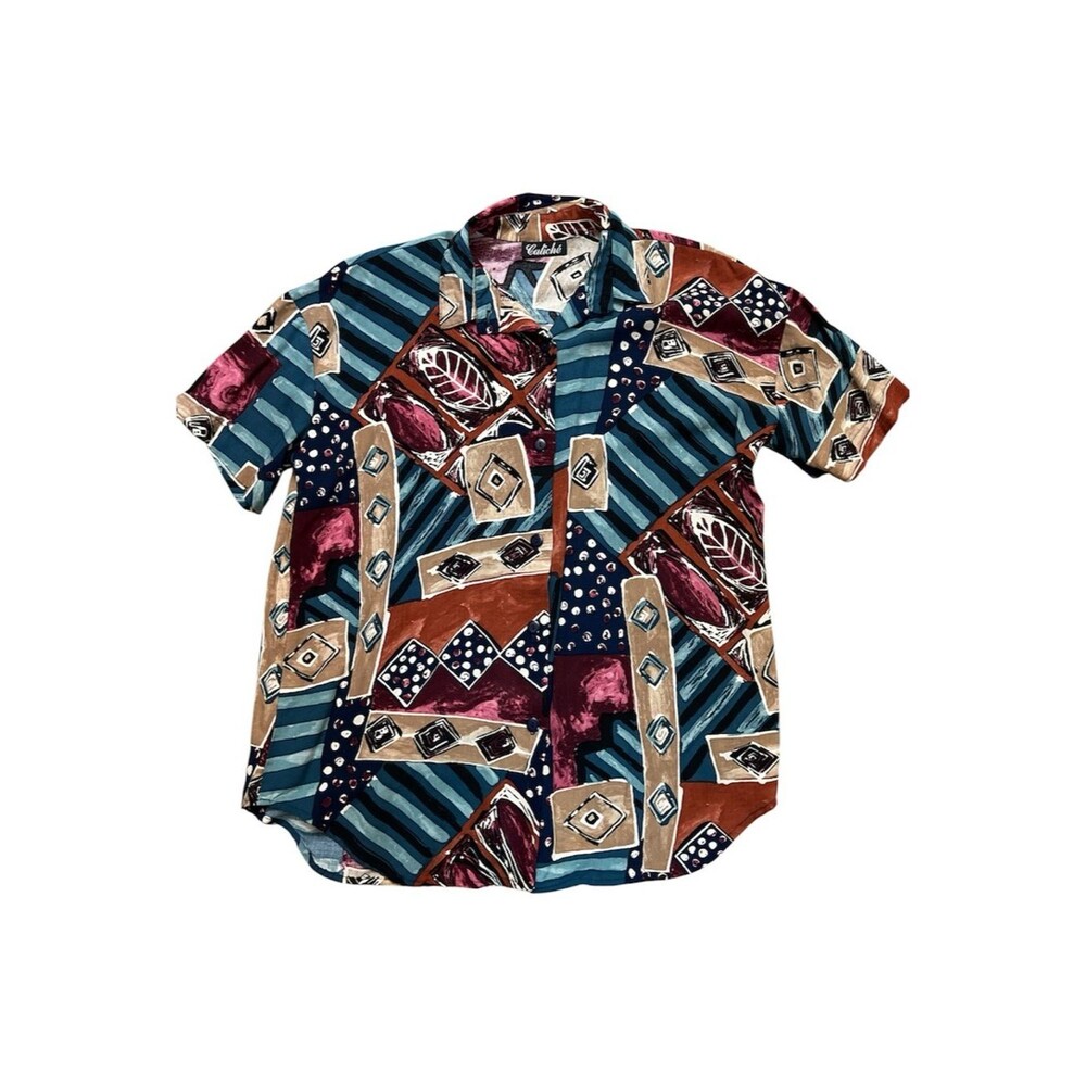 Vintage Caliché 80s 90s Abstract Geometric Print Short Sleeve Button Down Large